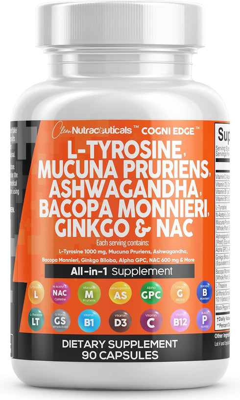 Clean Nutraceuticals L Tyrosine 1000mg, Mucuna Pruriens 6000mg, Focus Supplement with Ashwagandha, Ginkgo Biloba,