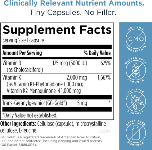 Designs for Health Vitamin D Supreme, 5000 IU with 2000mcg Vitamin K as MK4 - Bone Health, Heart Health & Immune