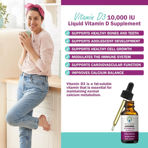 Vitamin D Liquid Drops for Adults: Vegan D3 10000 IU for Immune Support & Bone Strength, 30ml, 30 Servings