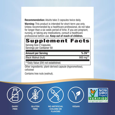 Nature's Way 900 2-Capsule 100 (Packaging (Pack 2) Black Walnut Hulls, Traditional Digestive Tract Tonic*, mg per