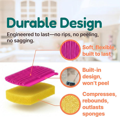 KOOKJEmart 3-in-1 Silicone Scrubber Sponge with Squeegee Non-Scratch Kitchen Sponge for Dishes, Sink & Bathroom