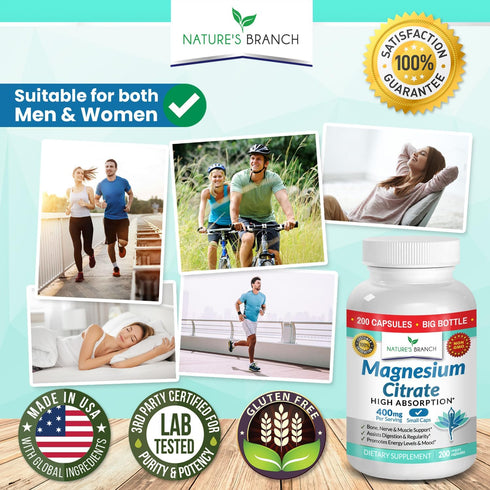 Magnesium Citrate 400mg, 200 Capsules, High Potency for Sleep and Leg Cramps, Vegan Supplement