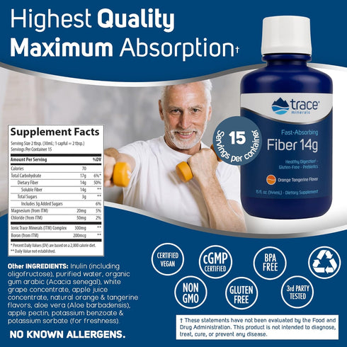 Trace Minerals Fast Absorbing Fiber Liquid Supplement, 14g, Gluten Free, Orange Tangerine Flavor, 15 oz
