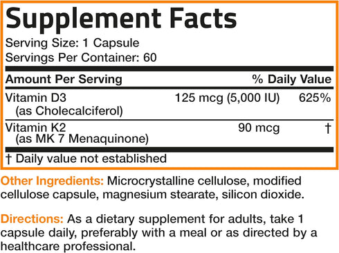 Bronson Vitamin K2 (MK7) with D3 | 60 Capsules - Non-GMO Formula | 5000 IU Vitamin D3 & 90 mcg Vitamin K2 MK-7