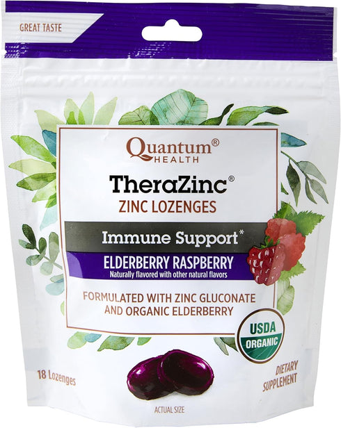 Quantum Health TheraZinc Organic Zinc Lozenges | Elderberry, Sambucus, Raspberry & Honey | Immune Support, 18 Count