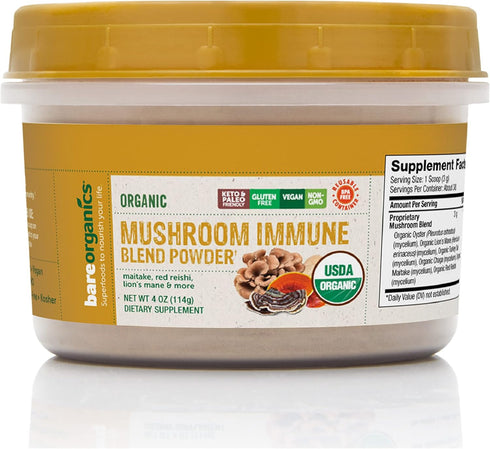 BareOrganics Mushroom Immune Blend Powder, Organic Superfood, Vegan Dietary Supplement, 4 Ounces