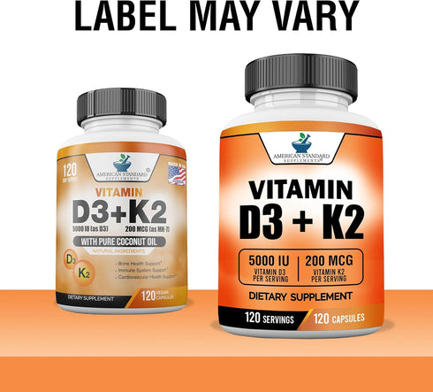 American Standard Supplements Vitamin D3 5000 IU (125mcg) Plus K2 (MK7) 200mcg, 120 Capsules, Gluten Free