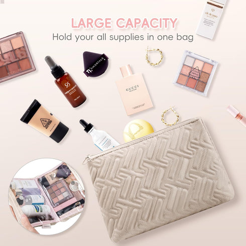 Makeup Bag Travel Essentials - Cute Skincare Pouch Cosmetic Bags for Women - Portable Clear Case Toiletry Bag (Camel,