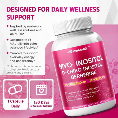NESSARIT 150 Myo-Inositol, D-Chiro Inositol, Berberine, Ashwagandha & Maca Support Womens Health & Mood Balance