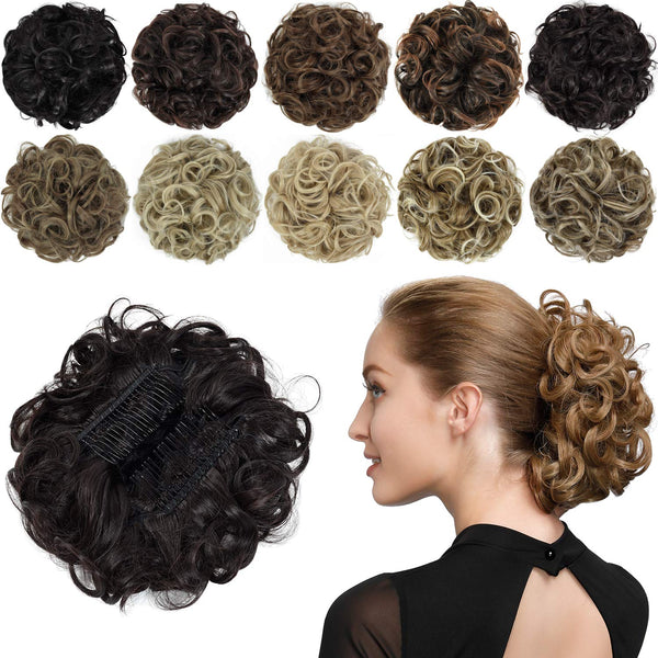 Rose Bud Chignon Hairpiece Curly Bun Extensions Scrunchie Updo Synthetic Combs for Women, Dark Brown