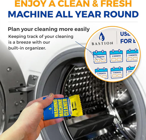Bastion Washing Machine Cleaner, Deodorizer & Descaler, 6-Pack Active Deep Cleaning Tablets for HE Washers