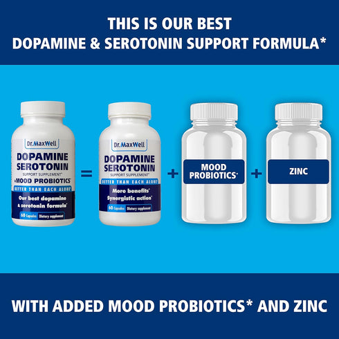 Serotonin and Dopamine Supplements with Mood Probiotic - 5in1 Support for Relaxation, Focus & Brain - 60 Capsules