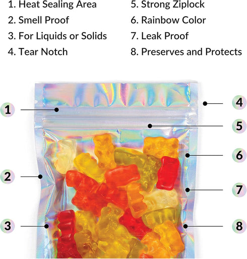 Mylar Bags with Ziplock 4 x 6" | 100 Rainbow Holographic Bags, Sealable Heat Seal for Candy, Food Packaging