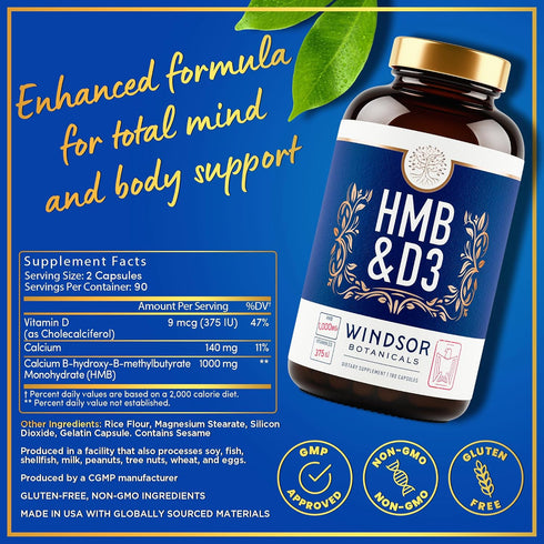 HMB and Vitamin D3 Supplement - Muscle Growth, Strength, Performance Support - 180 Days, 360 HMB Capsules