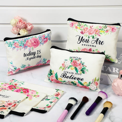 16 Pcs Inspirational Quotes Canvas Cosmetic Bag Bulk, Zipper Makeup Bags, Travel Toiletry Pouch Gift for Women Girls