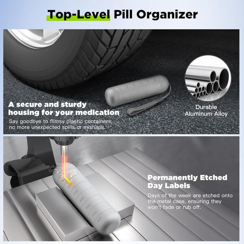 Zannaki Metal Moisture Proof Weekly Pill Organizer, Stackable Aluminum Alloy BPA Free Travel Hiking 7 Day Pill Box Case