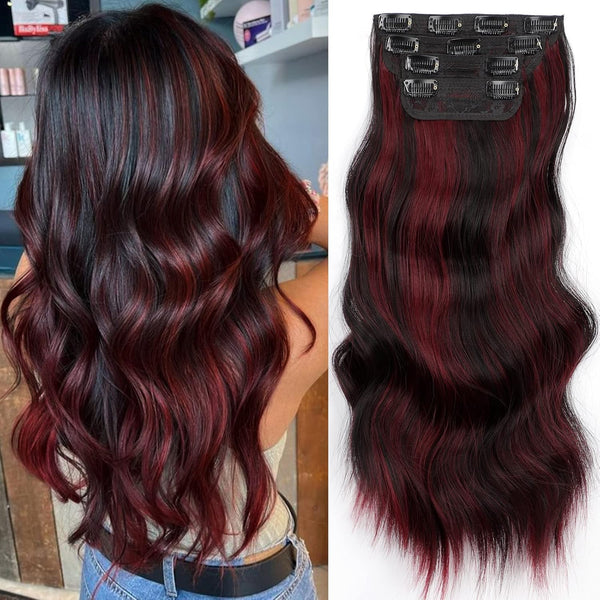 Vigorous Clip in Hair Extensions, 4PCS Black Burgundy Mixed Soft Synthetic Hairpieces, 20 Inches Full Head Extensions