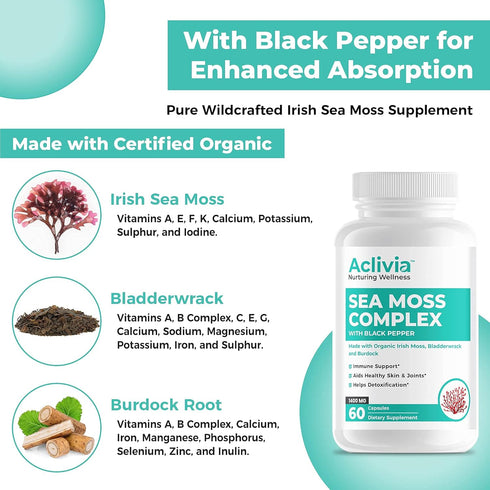 Organic Irish Sea Moss Capsules with Bladderwrack & Burdock Root - 102 Minerals Sea Moss Supplement - Thyroid Support,