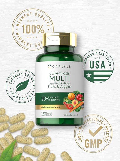 Carlyle Fruits and Veggies Supplement, 120 Count, Superfood Multivitamin with Probiotics, Made with 20 Fruits and