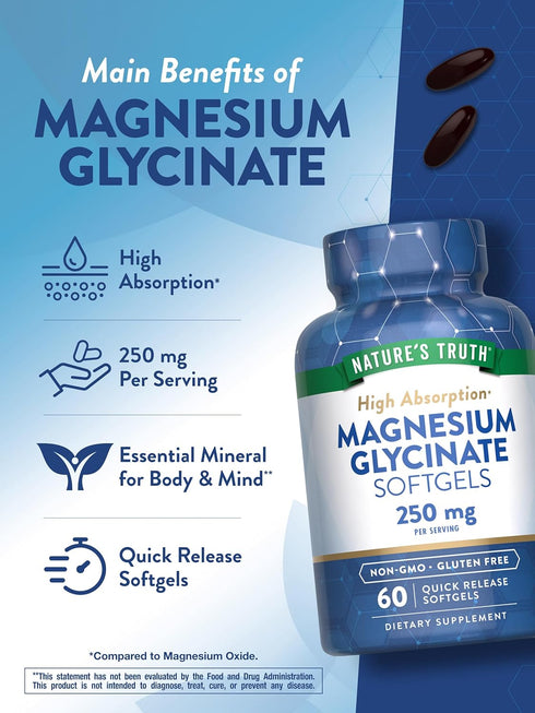 Nature's Truth Magnesium Glycinate Softgels | 250mg | 60 Pills | Non-GMO, Gluten Free, High Absorption Supplement