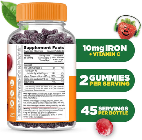 Iron Supplements for Kids, 10mg with Vitamin C, Great Tasting Iron Gummies for Immune Health, 90 Gummies