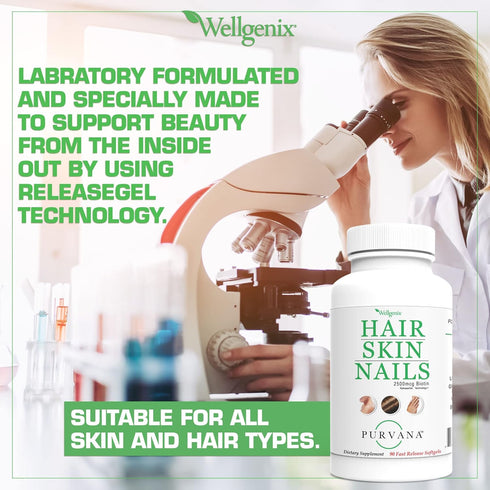 Wellgenix Purvana Hair, Skin, and Nails, One a Day Softgel, 2500mcg Biotin, 90 Count, Anti Aging & Hair Growth