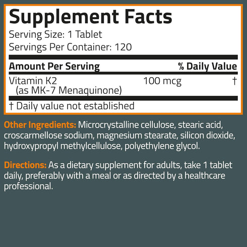 Bronson Vitamin K2 MK-7, 100 MCG, Bone Support, Non-GMO, 120 Tablets