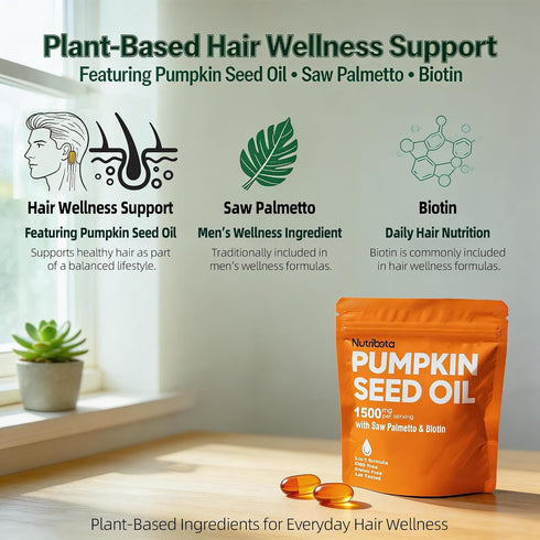 Nutribota 1500 3-in-1 Pumpkin Seed Oil Supplement mg per Serving with Saw Palmetto & Biotin, Advanced Plant-Based Mens