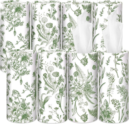 Zonon 8 Pcs Car Tissues Holder Sage Green Floral Round Box with Facial
