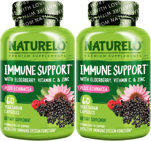 NATURELO Immune Support – Vitamin C, Elderberry, Zinc, Echinacea – Natural Immunity Boost Twin Pack, 120 Vegan Capsules