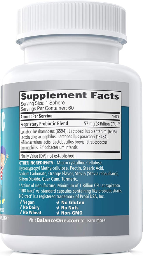 Balance ONE Kids Probiotic, 3 Billion CFU, Sugar Free, Gut & Digestive Support, 2 Month Supply