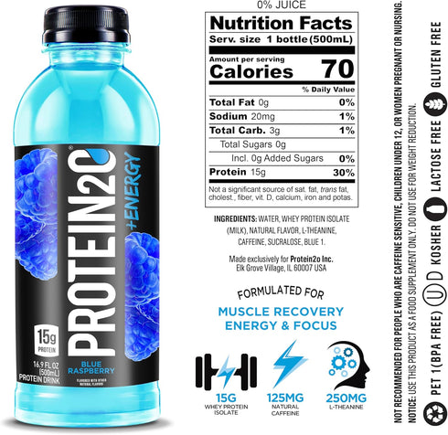 Protein2o 15g Whey Protein Infused Water Plus Energy, Blueberry Raspberry | 16.9 oz Bottle (Pack of 12)