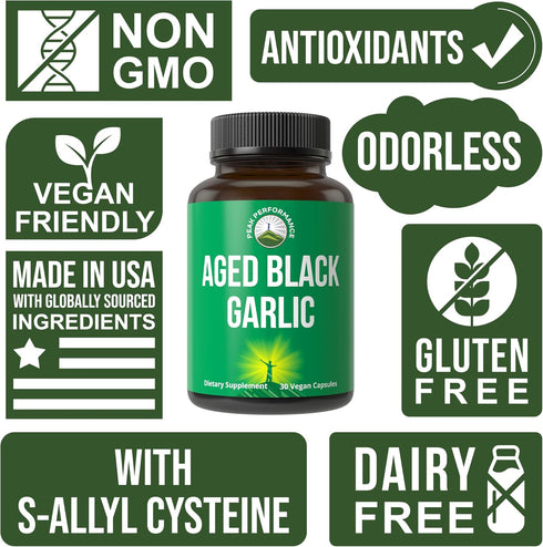 Peak Performance Aged Black Garlic Capsules - Raw Vegan Pure Odorless Extract Supplement for Cholesterol Support