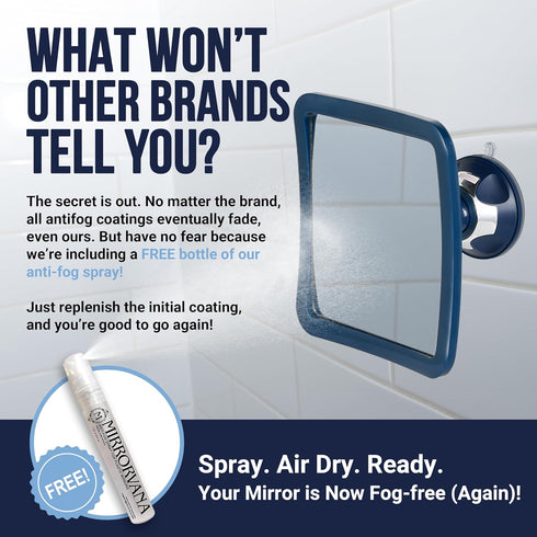 MIRRORVANA Fogless Shower Mirror for Shaving, Upgraded Suction, Anti Fog, 360° Swivel, 6.3" x 6.3" (Blue)