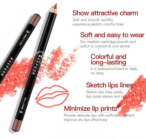 MAEPEOR Matte Lip Liner Set, 12 PCS Classic Colors, Highly Pigmented Velvet Lipliner Pencil Set
