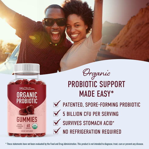 SMNutrition Organic Probiotics Gummies | 5 Billion CFU Probiotics for Digestive Health & Immune Support | Hardy Bacillus Subtilis | Gluten-Free, Vegan | 60 Ct.