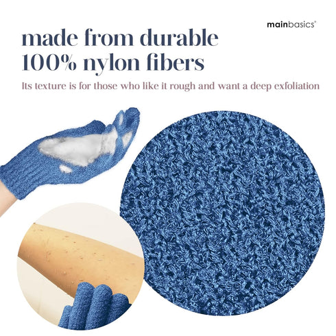 MainBasics Exfoliating Bath Gloves for Shower, Heavy-Textured Nylon Fiber Body Exfoliator (1 Pair, Pigeon Blue)