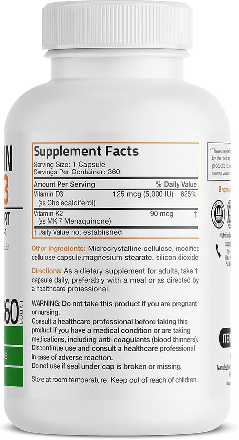 K2 (MK7) D3 5000 D3 90 K2 MK-7 360 Bronson Vitamin with Supplement Non-GMO Formula IU Vitamin & mcg Easy to Swallow D