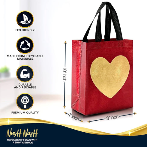 Nush Nush Red Gift Bags with Handles, 12 Pack Medium Reusable Goodie Bags for Party Favors, Birthday, Christmas, and