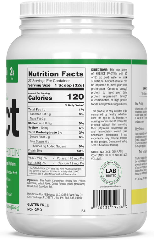 PEScience Select Vegan Plant Based Protein Powder, Chocolate, 27 Servings, Pea Brown Rice Blend