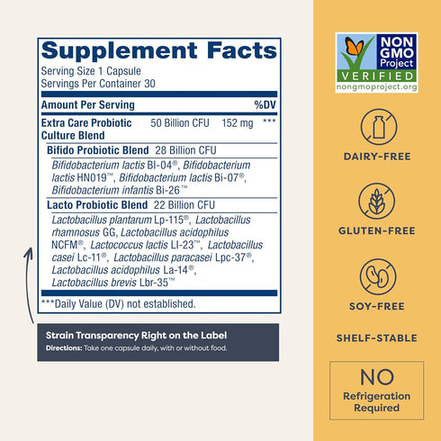 Extra Care Digestive Probiotic Capsules, 50 Billion CFU, Daily Supplement Renew Life, 30 Count
