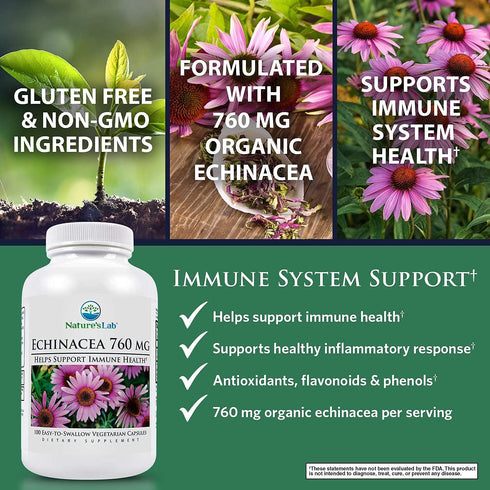 Nature's Lab Echinacea 760mg Dietary Supplement, All Natural Immune System Support, 100 Capsules