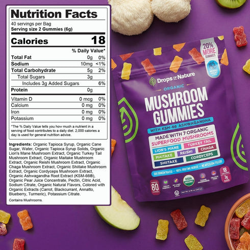 Gummies Gummies 8 1 80 Gummy Drops Of Nature Lions Mane & Ashwagandha Turkey Tail, Maitake, Reishi, Chaga, Shiitake