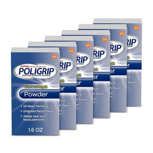 Poligrip Extra Strength Denture Adhesive Powder, 1.6 Ounces, Pack of 6 for Secure Denture Hold