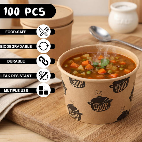 Ninehaoou 100 8 oz Pcs Paper Soup Containers with Lids Disposable Kraft Paper Food Container Hot and Cold Soup Bowls