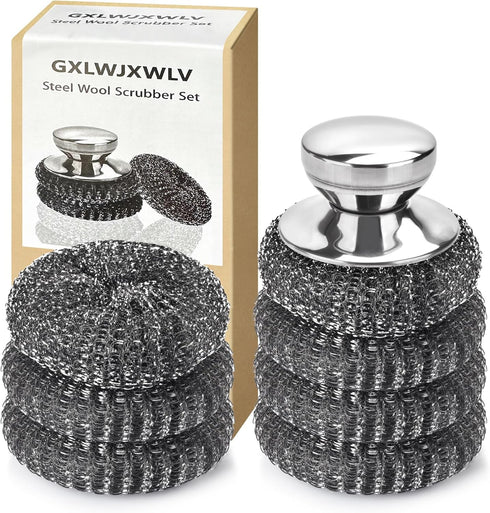 GXLWJXWLV 7PCS Steel Wool Scrubber Pads, Stainless Steel Scrubber Set with 1PCS Handle,