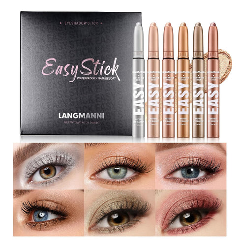 LANGMANNI Eyeshadow Stick, 6 PCS Waterproof Multi-Color Eye Makeup Kit, Creamy Long-Lasting Shades, Perfect Gifts for