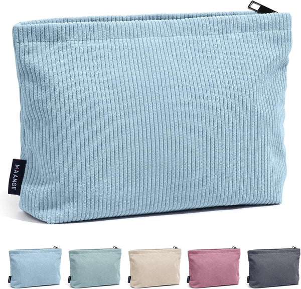 MAANGE Cosmetic Bags for Women, Small Makeup Bag for Purse, Blue Corduroy Makeup Pouch with Metal Zipper for Travel