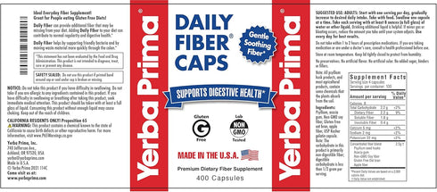 Yerba Prima Daily Fiber Caps Formula, 400 Capsules, Dietary Supplement with Psyllium Seed Husks