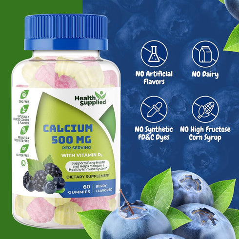 Calcium 500mg with Vitamin D3 1000 IU Gummies - Bone Strength for Adults, Teens, Kids, 60 Count